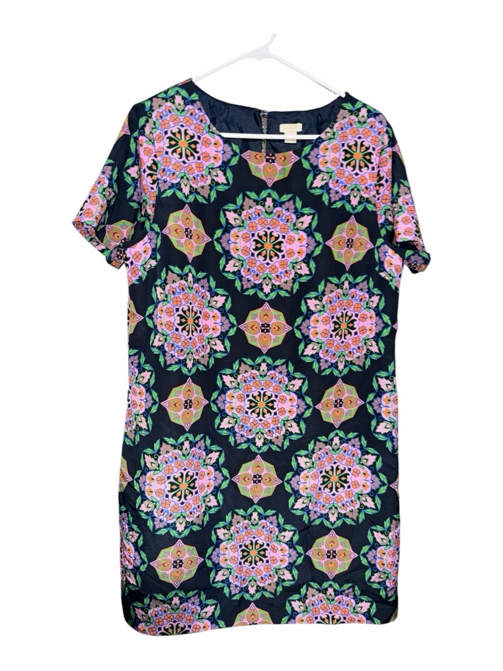 J. Crew Navy Midi Dress with Pink & Green Medallion Print